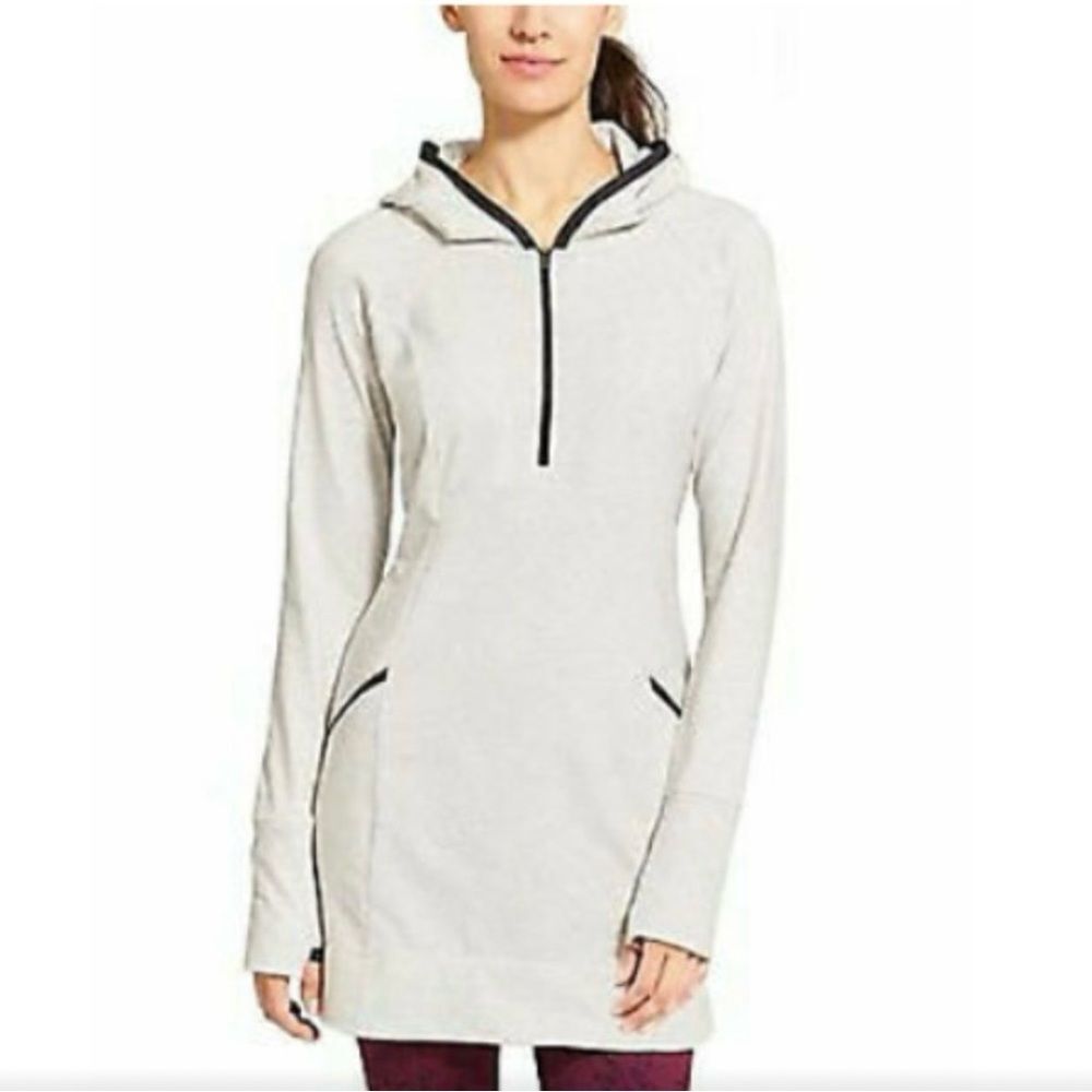 Athleta Long Zip Up Hoodie Heathered Gray Tunic Duster Sweatshirt Womens Small